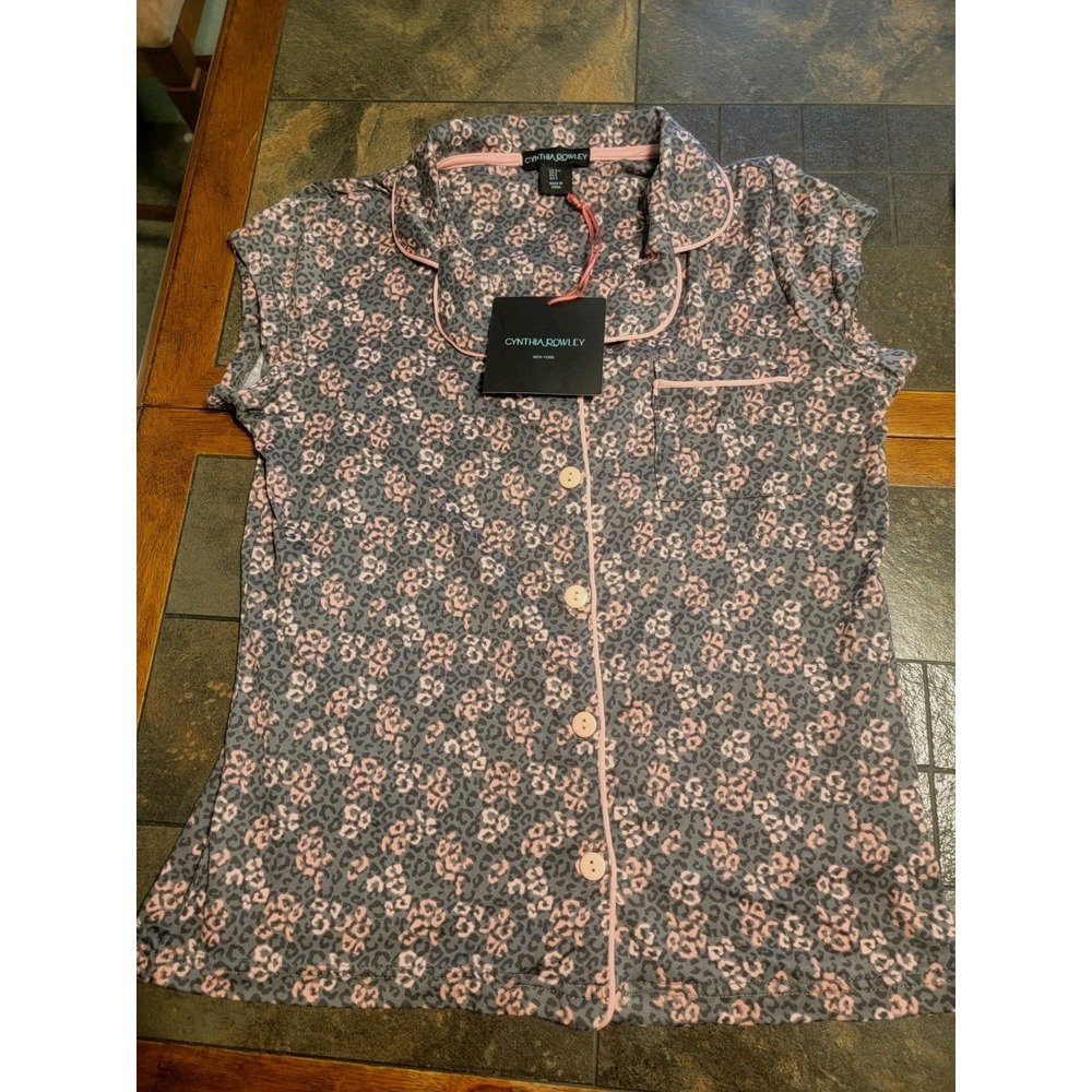 Cynthia Rowley Pink & Gray Animal Print Sleep Lounge Wear Button-Up Top Sz S NWT